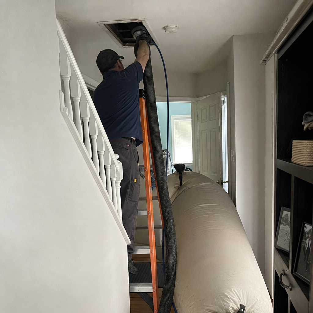 Technician performing professional residential air duct cleaning with vacuum equipment