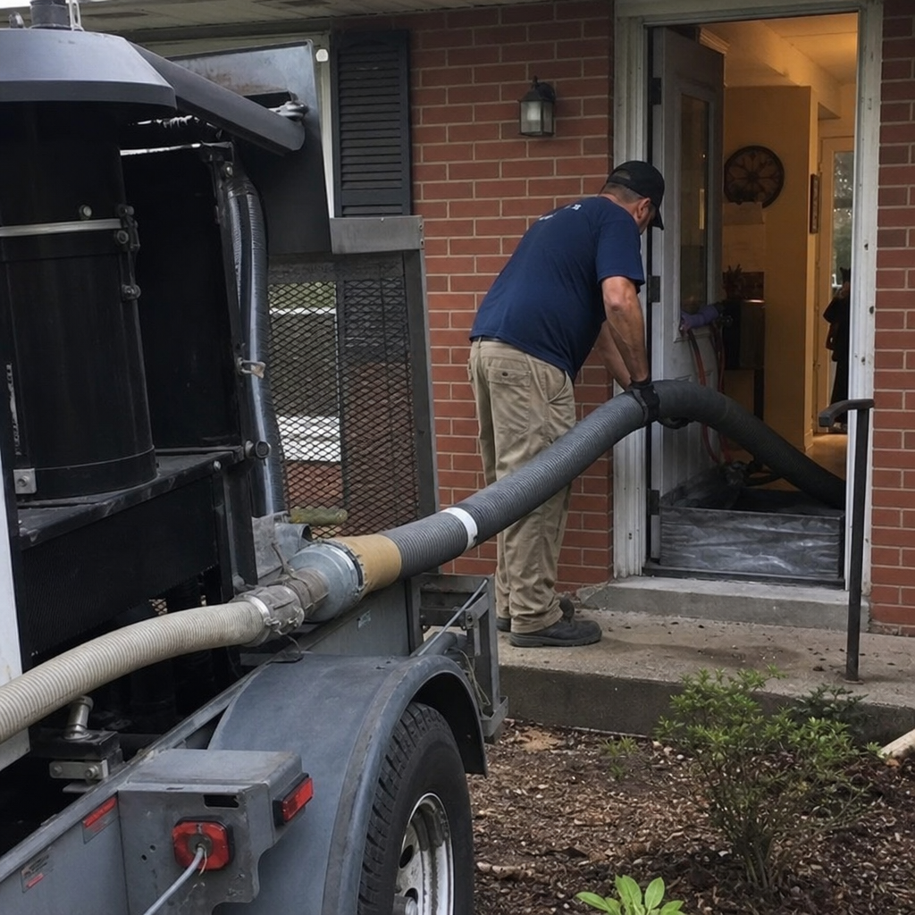 Professional air duct cleaning technician using an industrial vacuum system