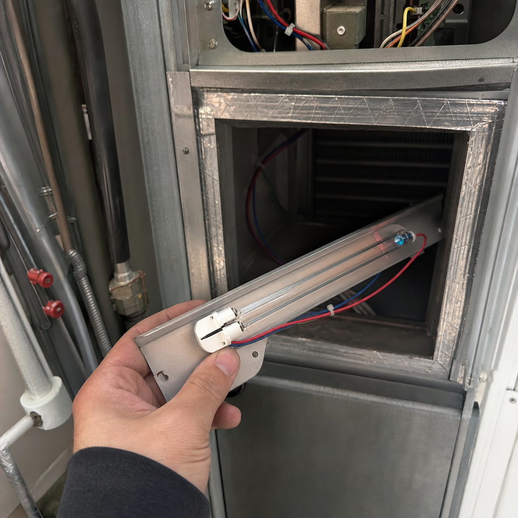 Technician installing ultraviolet UV-C air sanitizing light in HVAC ductwork in Kettering, OH