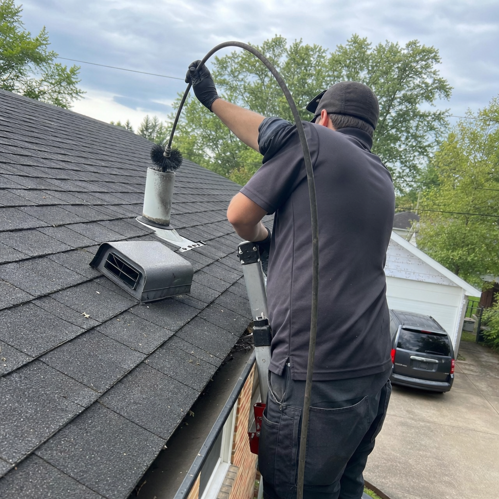 Technician using a rotating brush to clean a residential dryer vent in Kettering, OH