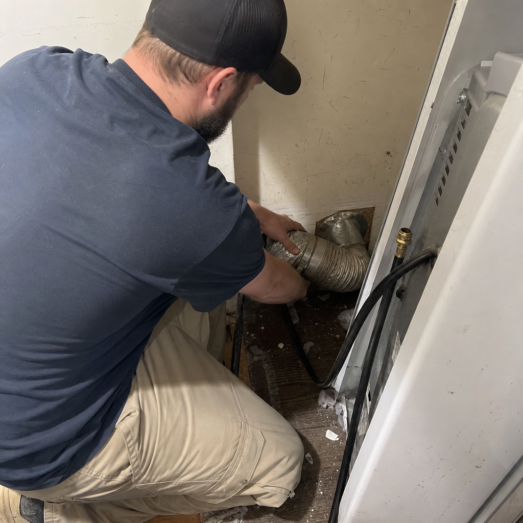 Technician connecting a flexible dryer vent hose for maintenance
