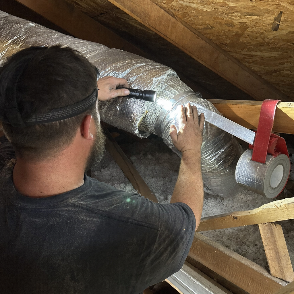 HVAC technician performing professional air duct repair and sealing in attic in Kettering, OH
