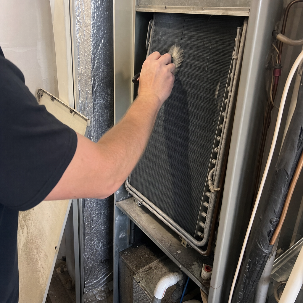 HVAC technician cleaning evaporator coils with a professional brush tool