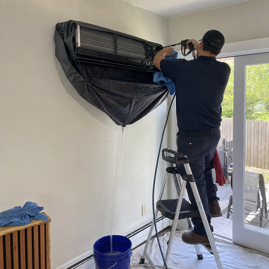 Technician performing professional deep cleaning on a wall-mounted HVAC unit