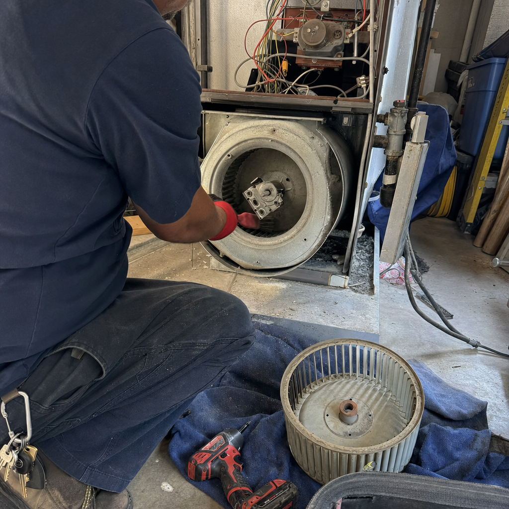 HVAC technician performing professional furnace blower fan cleaning and maintenance